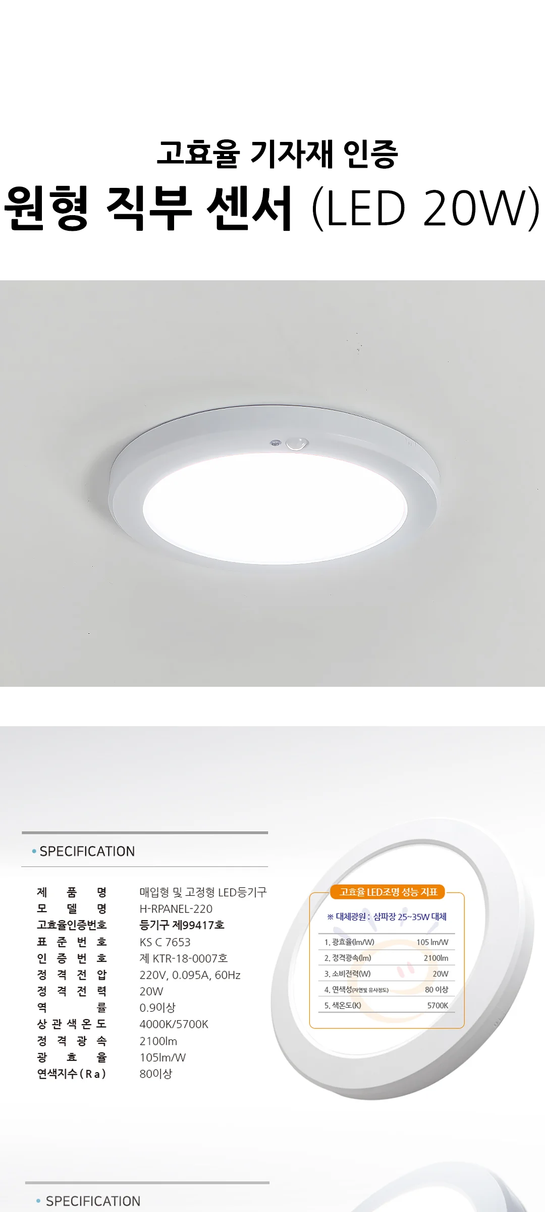 이엔티 고효율 원형 직부 센서 LED 20W 제조사 상세 정보