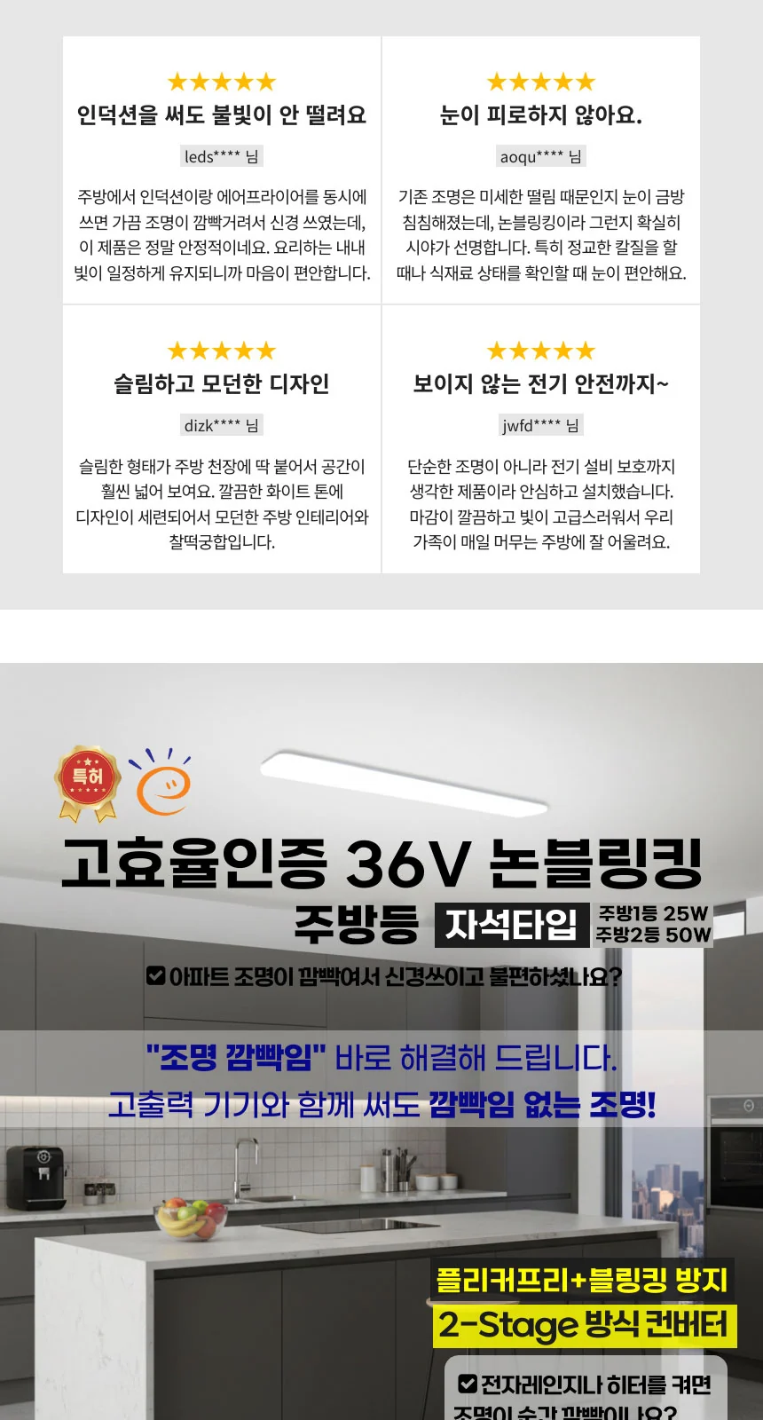 LED 고효율 36V 논블링킹 세이브 온 주방 1등 25W / 2등 50W 제조사 상세 정보