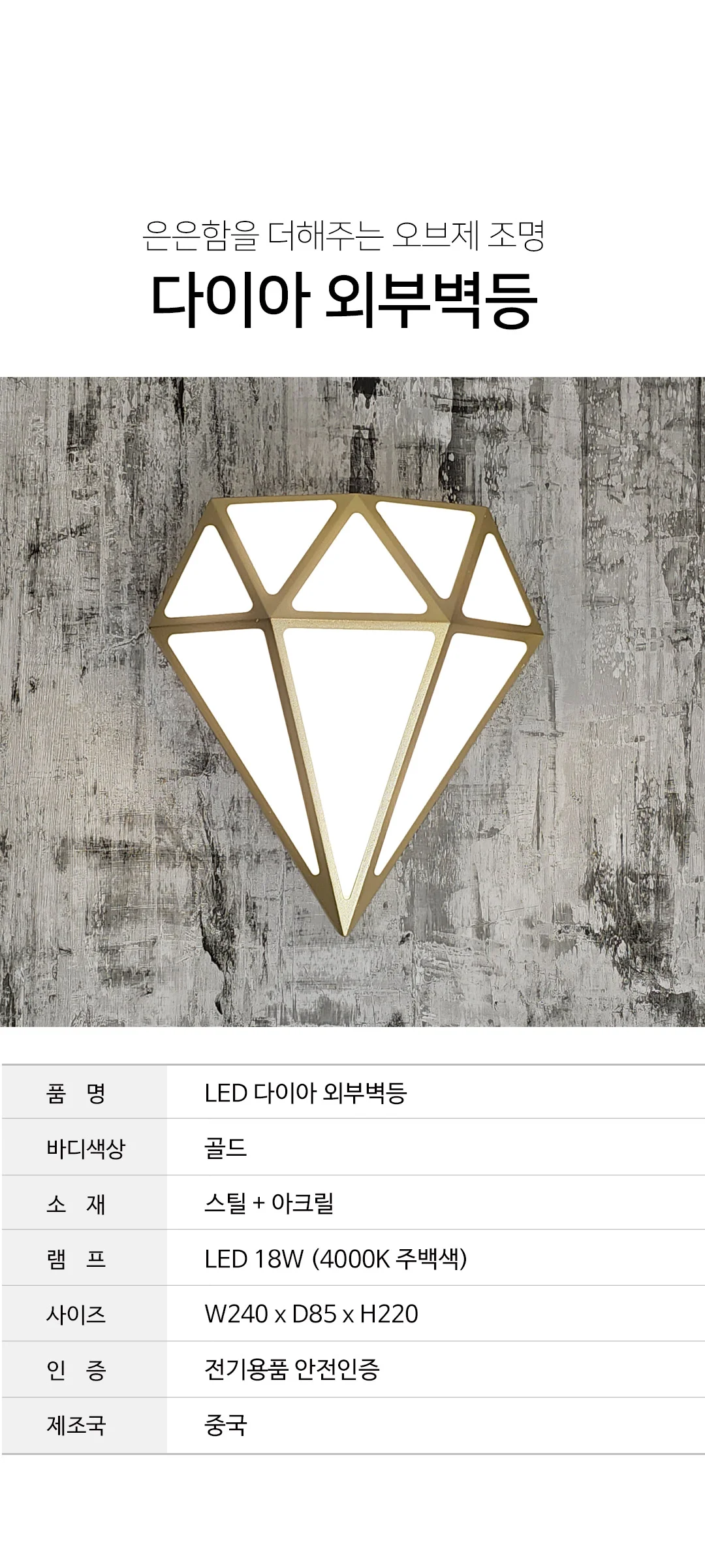다이아 벽전등 벽조명 벽부착등 LED 18W 제조사 상세 정보