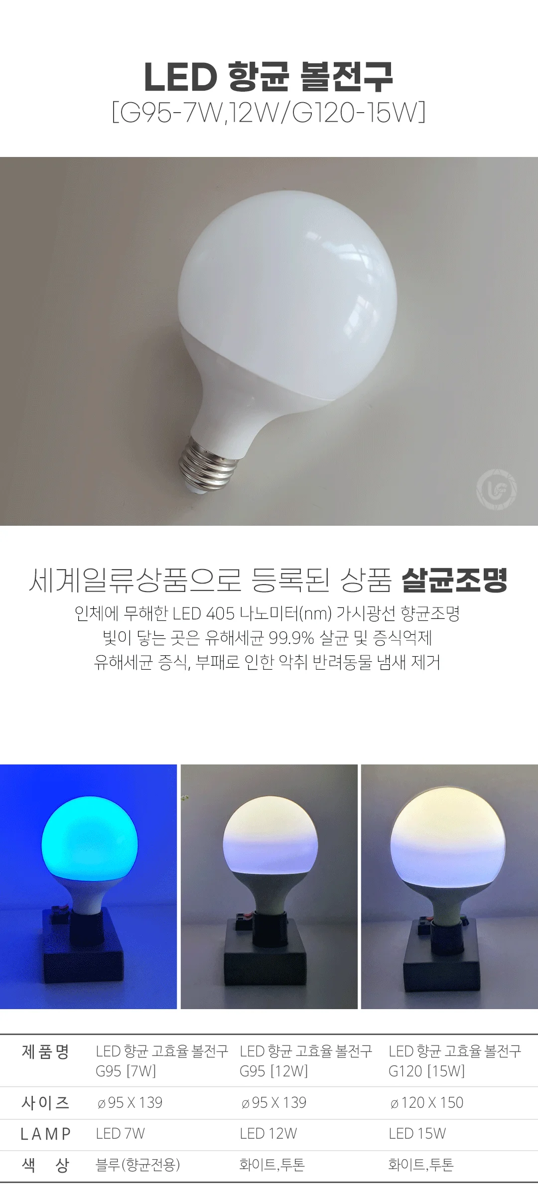 LED 항균 볼전구[G95-7W,12W/G120-15W] 제조사 상세 정보