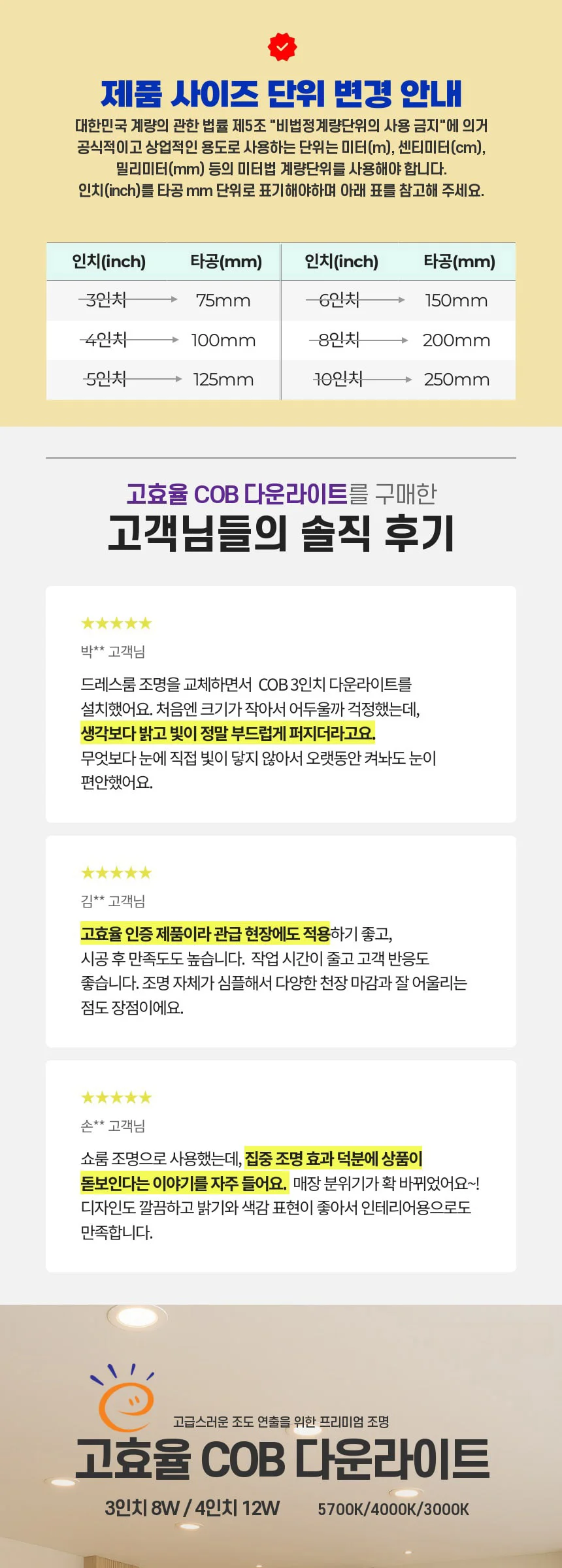 하디스 LED 고효율 COB 3인치(타공 75mm) 8W, 4인치(타공 100mm) 12W 제조사 상세 정보